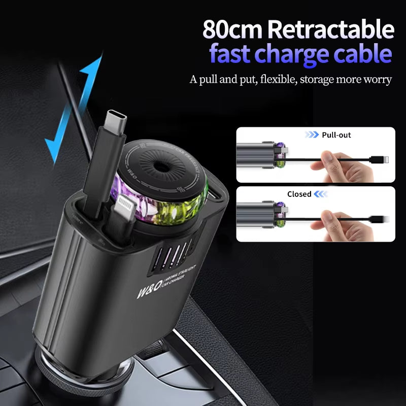 Experience Ultimate Convenience with the 5-in-1 45W PD Car Fast Charger – Fast Charging, Retractable Design & Soothing Aromatherapy for iOS and Android Devices