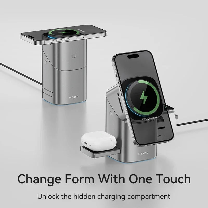 Revolutionary Qi2 Auto-Rotate Touch Magnetic 3-in-1 Wireless Charger - Fast 15W Charging for Your iPhone, Apple Watch, and AirPods
