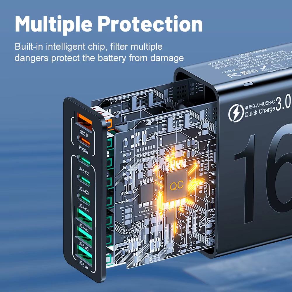 Power Up Your Devices with the 150W Multi-Port USB Fast Charging Wall Adapter - Perfect for Xiaomi, iPhone, Samsung, and Huawei!