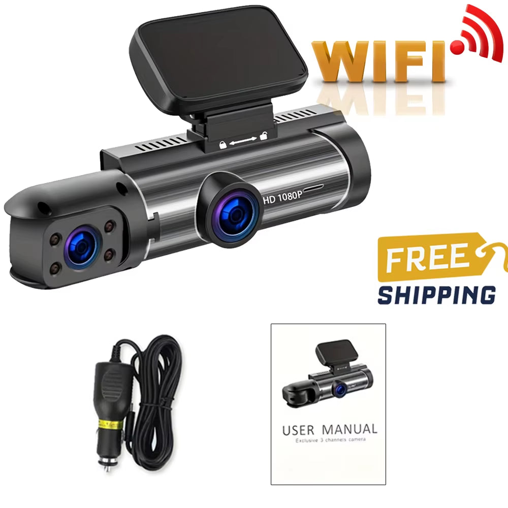 1080P WiFi Dual Camera Dashboard Recorder with Front and Interior Cameras, IR Night Vision, Loop Recording, and Wide Angle View