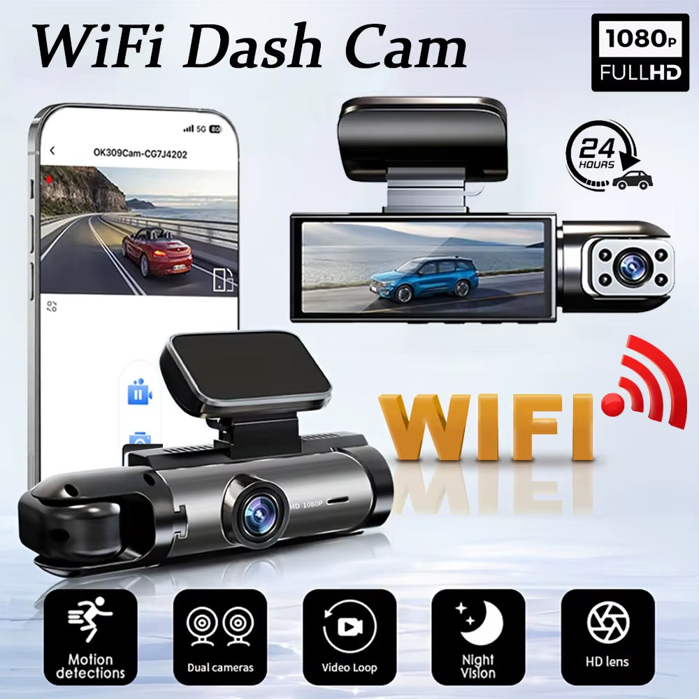 1080P WiFi Dual Camera Dashboard Recorder with Front and Interior Cameras, IR Night Vision, Loop Recording, and Wide Angle View