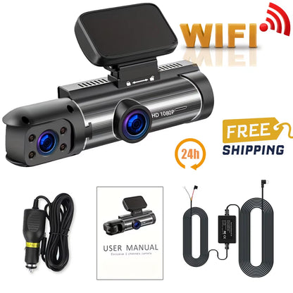 1080P WiFi Dual Camera Dashboard Recorder with Front and Interior Cameras, IR Night Vision, Loop Recording, and Wide Angle View