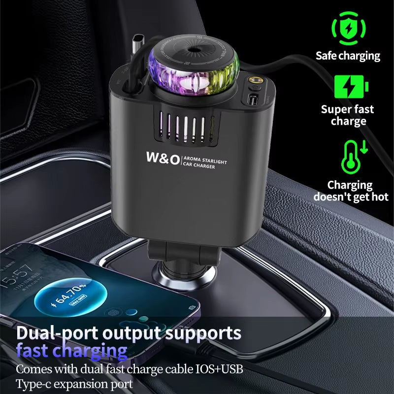 Experience Ultimate Convenience with the 5-in-1 45W PD Car Fast Charger – Fast Charging, Retractable Design & Soothing Aromatherapy for iOS and Android Devices