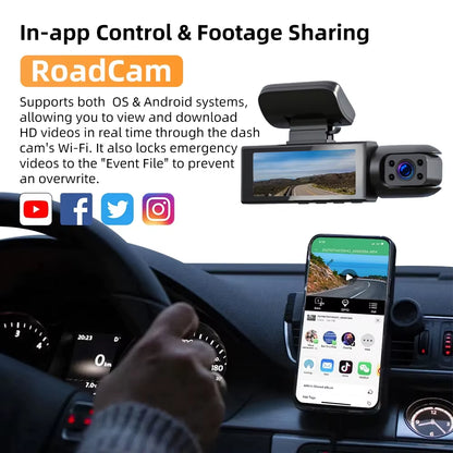 1080P WiFi Dual Camera Dashboard Recorder with Front and Interior Cameras, IR Night Vision, Loop Recording, and Wide Angle View
